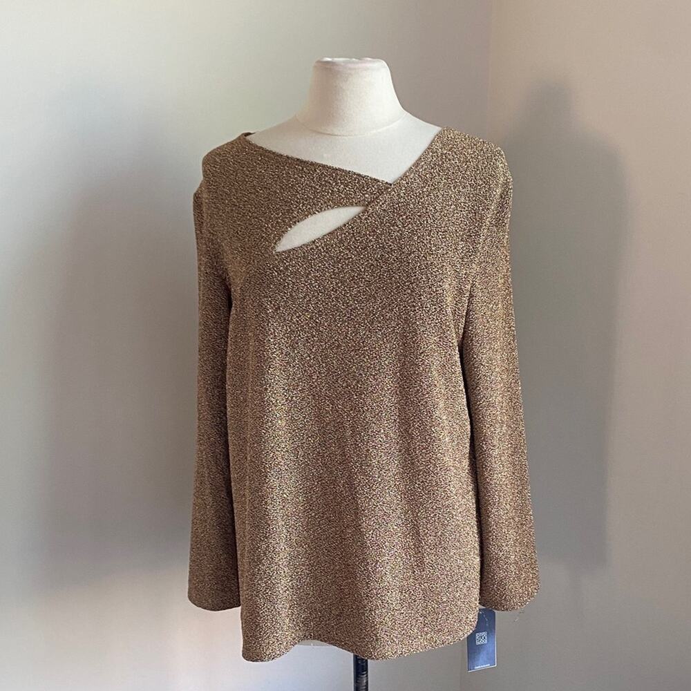 CLARA SUN WOO Top Womens Sz 1X Gold Metallic Keyhole Stretch